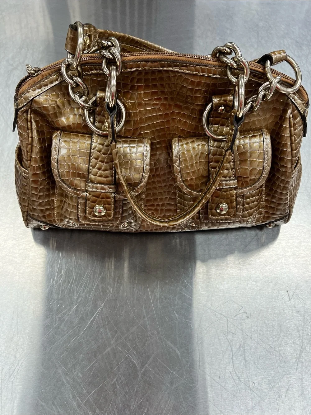 Kathy Van Zeeland Y2K Gold Croc-Embossed Chain Handle Shoulder Bag